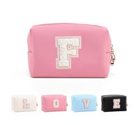Anntry Small Personalized Initial Letter Makeup Bag, Cute Waterproof PU Leather Chenille Letter Cosmetic Bag Travel Makeup Bag, Preppy Makeup Pouch Toiletry Zipper Pouch Organizer for Women and Girls