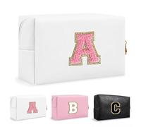 Anntry Small Personalized Initial Letter Makeup Bag, Cute Waterproof PU Leather Chenille Letter Cosmetic Bag Travel Makeup Bag, Preppy Makeup Pouch Toiletry Zipper Pouch Organizer for Women and Girls