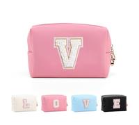 Anntry Small Personalized Initial Letter Makeup Bag, Cute Waterproof PU Leather Chenille Letter Cosmetic Bag Travel Makeup Bag, Preppy Makeup Pouch Toiletry Zipper Pouch Organizer for Women and Girls