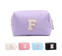 Anntry Small Personalized Initial Letter Makeup Bag, Cute Waterproof PU Leather Chenille Letter Cosmetic Bag Travel Makeup Bag, Preppy Makeup Pouch Toiletry Zipper Pouch Organizer for Women and Girls