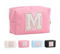 Anntry Small Personalized Initial Letter Makeup Bag, Cute Waterproof PU Leather Chenille Letter Cosmetic Bag Travel Makeup Bag, Preppy Makeup Pouch Toiletry Zipper Pouch Organizer for Women and Girls