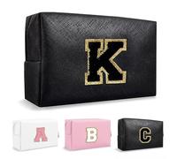 Anntry Small Personalized Initial Letter Makeup Bag, Cute Waterproof PU Leather Chenille Letter Cosmetic Bag Travel Makeup Bag, Preppy Makeup Pouch Toiletry Zipper Pouch Organizer for Women and Girls