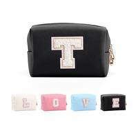 Anntry Small Personalized Initial Letter Makeup Bag, Cute Waterproof PU Leather Chenille Letter Cosmetic Bag Travel Makeup Bag, Preppy Makeup Pouch Toiletry Zipper Pouch Organizer for Women and Girls