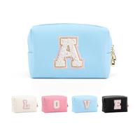 Anntry Small Personalized Initial Letter Makeup Bag, Cute Waterproof PU Leather Chenille Letter Cosmetic Bag Travel Makeup Bag, Preppy Makeup Pouch Toiletry Zipper Pouch Organizer for Women and Girls