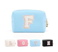 Anntry Small Personalized Initial Letter Makeup Bag, Cute Waterproof PU Leather Chenille Letter Cosmetic Bag Travel Makeup Bag, Preppy Makeup Pouch Toiletry Zipper Pouch Organizer for Women and Girls