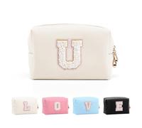 Anntry Small Personalized Initial Letter Makeup Bag, Cute Waterproof PU Leather Chenille Letter Cosmetic Bag Travel Makeup Bag, Preppy Makeup Pouch Toiletry Zipper Pouch Organizer for Women and Girls