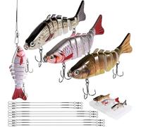 Annyswit 3 Pcs Multi Jointed Bass Pike Fishing Lures with 15cm&25cm&30cm Wire Traces & Storage Box Pike Lures Set 7 Segment 3D Artificial Fishing Tackle with Hooks Slow Sinking Lure with Wobbler