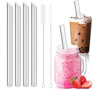 Annyswit 4 Pcs Reusable Glass Clear Boba Straws with 2 Brush 14mm x 215mm Drinking Smoothie & Bubble Tea Straws Extra Wide Jumbo Straws for Vegetable Salad Milkshake Straws