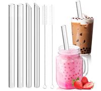 Annyswit 4 Pcs Reusable Glass Clear Boba Straws with 2 Brush 14mm x 215mm Drinking Smoothie & Bubble Tea Straws Extra Wide Jumbo Straws for Vegetable Salad Milkshake Straws