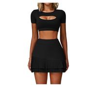 ANODHFECK 2 Pcs Sports Skirts Set Shorts Shirts Gym Suit Women Yoga Clothing Casual Workout Suit Soften Sportswear(Black 1,S)