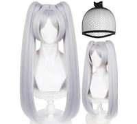 ANOGOL Hair Cap + Freezing Wig Cosplay Sousou No Freezing White Ponytail Wig for Women Long Straight Silver Synthetic Hair White Braids for Halloween Party Costume Outfit