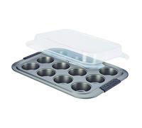 Anolon 12 Cup Advanced Nonstick Bakeware Muffin Pan with Silicone Grips, Gray