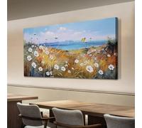 Anolyfi Large Flower Canvas Wall Art Butterfly Floral Landscape Textured Painting Blue Coastal White Wildflowers Daisy Picture Artwork Framed for Living Room Bedroom Bathroom Office Home Decor 40"x20"