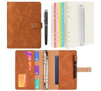 ANOMM A6 Ring Binder Notebook PU Leather Diary, Refillable Notebook with A6 Dot Grid Paper & Inner Pockets & Index Divider, Spiral Journal Binder for Travel Work School and Personal Organizer-Brown