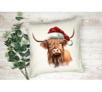 Anonymous Gifting Christmas Watercolour Animals Printed Cushion Cover - 40x40cm - Linen style - Highland Cow 2