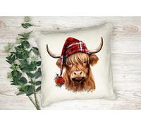 Anonymous Gifting Christmas Watercolour Animals Printed Cushion Cover - 40x40cm - Linen style - Highland Cow 1