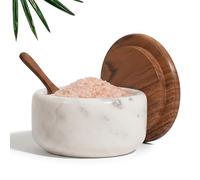ANONYO Salt Cellar with Wooden Lid and Spoon 4" Storage Pot White Marble Salt Box Container for Kitchen Spice Holder for Kitchen Countertop