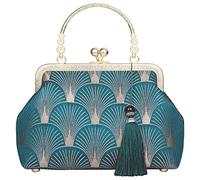 Anopo Evening Bag Tassel Floral Sector Pattern Clutch Bag Purse Satin Crossbody Lady HandBag with Chain for Dress Wedding Party Prom Club