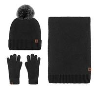 Anopo Scarf Hat Glove Set Knitted Wool Blend Beanie pompom Hat Skull Cap Long Scarf Touchscreen Gloves 3pcs Winter Warm Thick Set Black