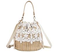 Anopo Straw Shoulder Bag Women Girls Drawstring Lace Handbag Woven Rattan Bucket Summer Beach Bohemian Crossbody Purse -Flower