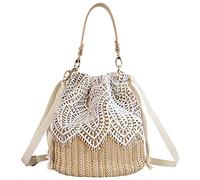 Anopo Straw Shoulder Bag Women Girls Drawstring Lace Handbag Woven Rattan Bucket Summer Beach Bohemian Crossbody Purse-Leaf