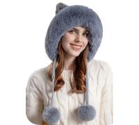 Anopo Women's Faux Fur Hat with Pompoms Cute Crochet Beanies with Ear Flaps Cat Ear Grey