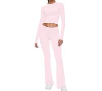 AnotherChill 2-Piece Lounge Set for Women, Fold-Over Flared Bottoms Set, Long-Sleeved Crop Top, Casual Outfits, Pyjamas, pink, S-M