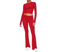AnotherChill Women's 2 Piece Lounge Sets Fold-over Flare Pants Set Long Sleeve Cropped Top Casual Outfits Pajamas, Red, L