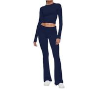 AnotherChill Women's 2 Piece Lounge Sets Fold-over Flare Pants Set Long Sleeve Cropped Top Casual Outfits Pajamas, Navy-blue, M