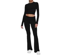 AnotherChill Women's 2 Piece Lounge Sets Fold-over Flare Pants Set Long Sleeve Cropped Top Casual Outfits Pajamas, Black, S