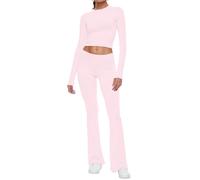 AnotherChill Women's 2 Piece Lounge Sets Fold-over Flare Pants Set Long Sleeve Cropped Top Casual Outfits Pajamas, Pink, S