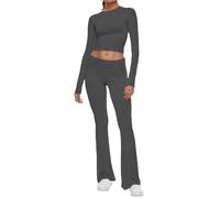 AnotherChill Women's 2 Piece Lounge Sets Fold-over Flare Pants Set Long Sleeve Cropped Top Casual Outfits Pajamas, Dark-grey, L