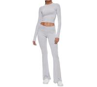AnotherChill Women's 2 Piece Lounge Sets Fold-over Flare Pants Set Long Sleeve Cropped Top Casual Outfits Pajamas, Light-gray, S