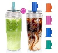 ANOTION 2pc Glass Tumbler with Lids and Straws, 24oz Mason Jar Cups, Leak-Proof Dust-Proof Mini Cap, Self-Assembly Silicone Straw, Reusable Iced Coffee Smoothie Matcha Cup Aesthetic Coffee Gifts Women