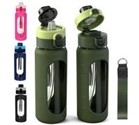 ANOTION 40OZ/1200ml Glass Water Bottle, Large Sports, Green | Dual-Drink Lid, Clear Leakproof with Straw, Motivational Jug, Silicone Sleeve and Time Marker, For Travel Gym