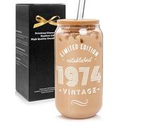 ANOTION 50th Birthday Gift for Her or Him - Borosilicate Glass Cup With Lid and Straw - White Elephant Funny Gift Ideas for Women Men 1974