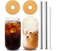 ANOTION Coffee Glass Cups with Lids and Straw, Bamboo Top Cover, 20 oz Reusable Drinking Glasses, Tumbler for Travel Office Home, Ice Tea, Coffee, Margaritas, Soft Drinks, Juice, Cocktail, Set of 2
