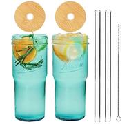 ANOTION Colored Glass Cups with Lids and Straws - 24oz/682ml Travel Coffee Mug Wide Mouth Mason Jar Iced Coffee Cup Smoothie Cup Glass Tumbler Tea Cup Clear Cute Water Cups Colorful Drinking Glasses