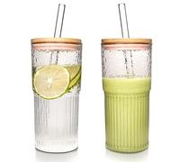 ANOTION Glass Mugs - 22oz Iced Coffee Cups Cold Coffee Cups Reusable Cup Glass Cup Ribbed Tumblers Home Work Glasses Essential