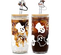 ANOTION Halloween Cups, Ghost Decor 24 oz Mug Mason Jar Glass Cups with Lids and Straws Ghost Tumblers Coffee Cups Cookie Jar Glasses Glassware Drinking Glasses Halloween Decorations Indoor