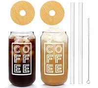 ANOTION Iced Coffee Cup with Lids and Straw, Beer Can Glass with Bamboo Cover 20 Oz/568ml Glass Coffee Cups Reusable Drinking Glasses Tumbler Coffee Cups for Travel Office Home Tea Margaritas Juice