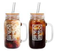 ANOTION Mason Jar Iced Coffee Cup with Lid and Straw, 24oz/682ml Regular Mouth Mason Jars with Handle Glass Coffee Drinking Glasses Reusable Cups Bottles for Iced Coffee Cups for Travel Office Home