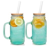ANOTION Mason Jar with Handle - Colorful Drinking Glasses Colored Glass Cups with Lids and Straws Iced Coffee Set of 2
