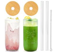 ANOTION Mason Jar with Lid and Straw, 24oz Wide Mouth Cup Reusable Drinking Glasses Tumbler Smoothie Water Bottles for Iced Coffee Margaritas Ice Cream Juice Cocktail Travel Office Home, 2 Packs