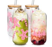 ANOTION Useful White Elephant Gifts for Adults Holiday, 18OZ Christmas Cups Christmas Coffee Mugs Tumbler Glass Cups with Lids and Straws Pink Christmas Tree Gingerbread Gifts for Women Unique
