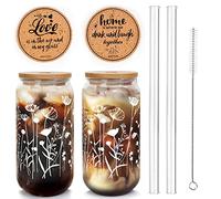 ANOTION Wildflower Glass Cups with Lids and Straws, Iced Coffee Cup Beer Can Shaped 20 Oz/568ml Glass Coffee Cups Reusable Drinking Glasses Tumbler Gift for Women Sister Mom