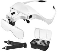 Anpro Lunette Loupe avec 2 Lumières Led, Interchangeable 5 Lentilles 1.0X à 3.5X, Parfait pour Tous Les Travaux de Précision