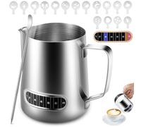 Anpro Milk Frothing Pitcher,350 ml/12 oz 304 Stainless Steel Milk Pitcher with Thermometer,Latte Decorating Art Pen and 16 Pcs Coffee Stencils,Metal Barista Accessories for Coffee,Latte & Cappuccino