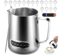 Anpro Milk Frothing Pitcher, 600 ml/20 oz 304 Stainless Steel Milk Pitcher with Thermometer,Latte Decorating Art Pen and 16 Pcs Coffee Stencils,Metal Barista Accessories for Coffee,Latte & Cappuccino