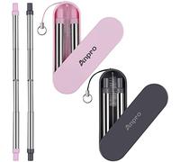 Anpro Reusable Straws Metal - 2 Pack Stainless Steel Drinking Straws, Portable Telescopic Straw with Case & Key Chain & Cleaner Brush, Adjustable Length up to 9 inch, 6.6 mm Diameter